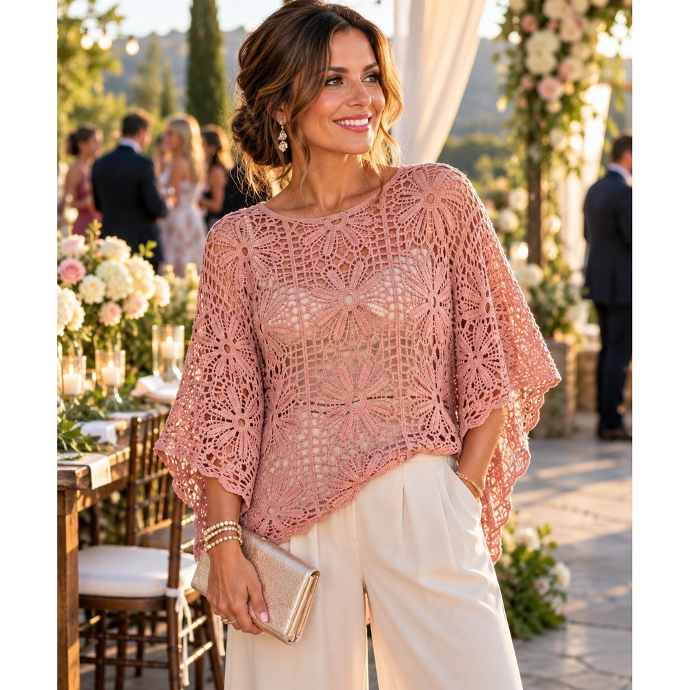 Dusty Rose Mauve Pink Crochet Floral Lace Poncho Top One Size Boho Cottagecore - Picture 4 of 9